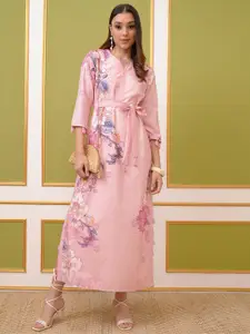Vishudh Pink Floral Printed V-Neck Tie Up Maxi Dress