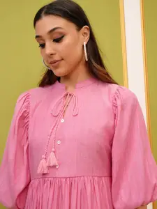 Vishudh Tie-Up Neck Puff Sleeves A-Line Midi Dress