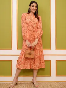 Vishudh Floral Printed Puff Sleeve A-Line Midi Dress