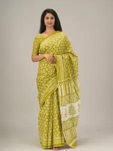 JALTHER Floral Printed Pure Cotton Block Print Saree