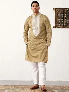 Jompers Mandarin Collar Floral Embroidered Regular Sequinned Straight Kurta with Pyjamas