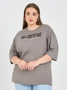 Styli Plus Size Typography Print Drop-Shoulder Sleeves Cotton Oversized T-shirt