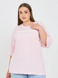 Styli Plus Size Typography Printed Cotton Round Neck Drop-Shoulder Sleeves T-shirt