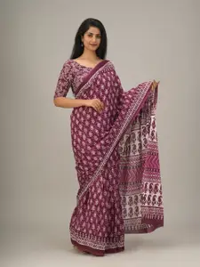 KIAARON Floral Pure Cotton Block Print Saree