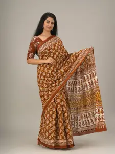 KIAARON Floral Pure Cotton Block Print Saree