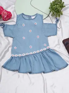 Creative Kids Round Neck Cold-Shoulder Sleeves Denim A-Line Dress
