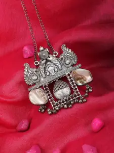 Adwitiya Collection Silver-Plated Oxidised Stone Studded Pendant With Chain