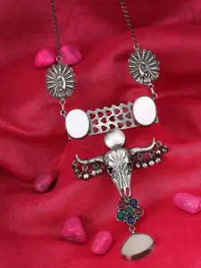 Adwitiya Collection Silver-Plated Stone-Studded Brass Oxidised Necklace