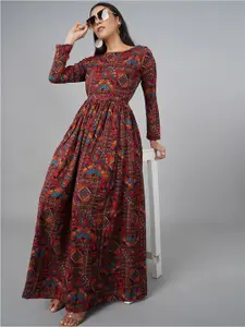 BAESD Ethnic Motifs Print Round Neck Crepe Maxi Dress
