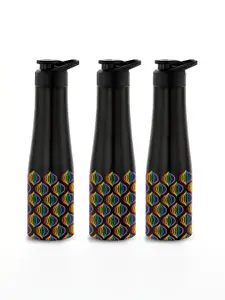 NIRLON Black 3 Pieces Printed Stainless Steel Single Wall Vacuum Water Bottles 1 L Each