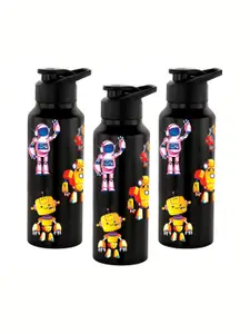 NIRLON Black 3 Pieces Printed Stainless Steel Single Wall Vacuum Water Bottles 750 ml Each
