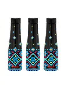 NIRLON Black 3 Pieces Printed Stainless Steel Single Wall Vacuum Water Bottles 1 L Each