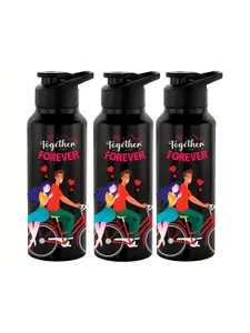 NIRLON Black 3 Pieces Printed Stainless Steel Single Wall Vacuum Water Bottles 750 ml Each