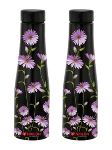 NIRLON Black 2 Pcs Floral Printed Stainless Steel Single Wall Vacuum Water Bottles 1L Each