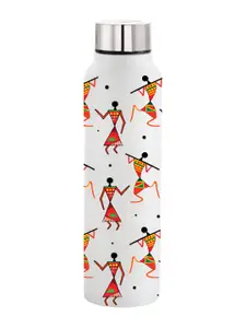 NIRLON White & Orange Warli Printed Stainless Steel Single Wall Vacuum Water Bottle 1L