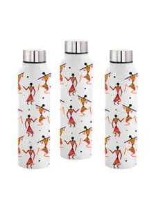 NIRLON White 3 Pieces Printed Stainless Steel Single Wall Vacuum Water Bottles 1 L Each