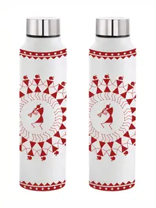 NIRLON White 2 Pcs Warli Printed Stainless Steel Single Wall Vacuum Water Bottles 1L Each
