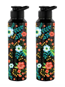 NIRLON Black 2 Pieces Printed Stainless Steel Single Wall Vacuum Sippers 1L each