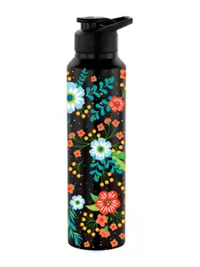 NIRLON Black & Yellow Floral Printed Stainless Steel Single Wall Vacuum Water Bottle 1 L
