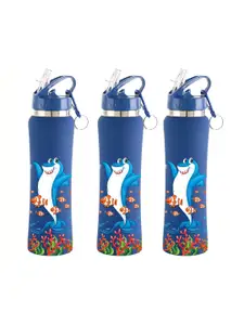 NIRLON Blue 3 Pieces Printed Stainless Steel Single Wall Vacuum Water Bottles 750 ml Each
