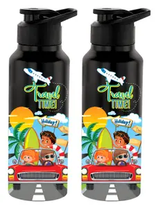 NIRLON Black & Yellow 2 Pieces Printed Stainless Steel  Water Bottle 750 ml