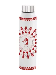 NIRLON White & Red Warli Printed Stainless Steel Single Wall Vacuum Water Bottle 1L