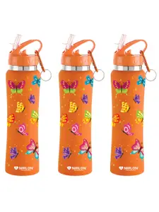 NIRLON Orange 3 Pcs Printed Stainless Steel Single Wall Vacuum Water Bottles 750 ml Each