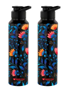 NIRLON Black 2 Pieces Printed Stainless Steel Single Wall Vacuum Water Bottles 1 L Each