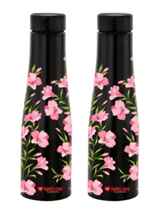 NIRLON Black 2 Pcs Floral Printed Stainless Steel Single Wall Vacuum Water Bottles 1L Each