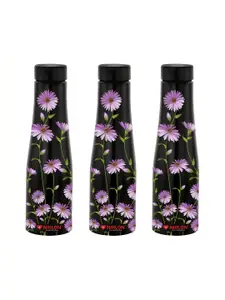 NIRLON Black 3 Pieces Printed Stainless Steel Single Wall Vacuum Water Bottles 1L Each