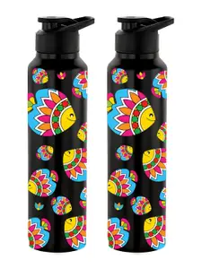 NIRLON Black 2 Pieces Printed Stainless Steel Single Wall Vacuum Sippers 1L Each