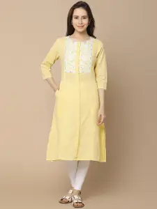 V-Mart Floral Yoke Design Thread & Mirror Work Cotton Straight Kurta