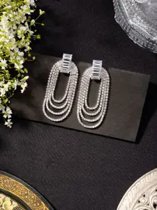 Niscka Rhodium-Plated American Diamond Studded Drop Earrings