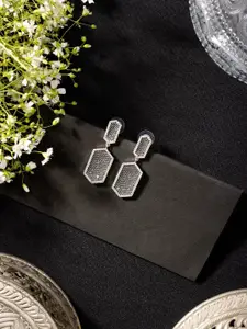 Niscka Rhodium-Plated American Diamond Studded Geometric Drop Earrings