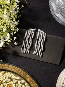 Niscka Rhodium-Plated American Diamond Studded Contemporary Drop Earrings