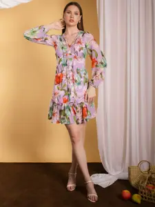 Stylecast X Hersheinbox Floral Print Georgette Drop-Waist Mini Dress
