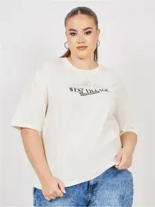 Styli Plus Size Typography Printed Drop Shoulder Sleeves Cotton Oversized T-shirt