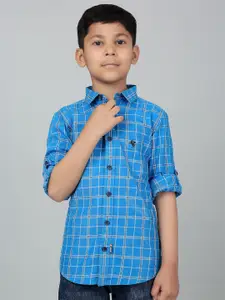 Cantabil Boys Tartan Checked Spread Collar Long Roll-Up Sleeves Casual Shirt