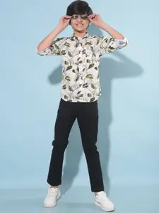 Crimsoune Club Boys Slim Fit Floral Printed Spread Collar Long Sleeves Cotton Casual Shirt