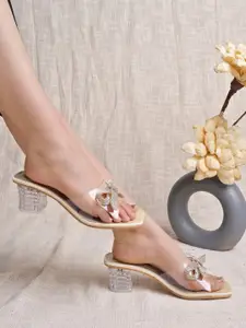 Shoetopia Embellished Open Toe Bow Detail Block Heels