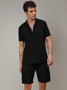 Campus Sutra Black Self Design Lapel Collar Shirt With Shorts