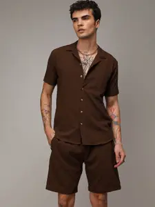 Campus Sutra Brown Self Design Lapel Collar Shirt With Shorts