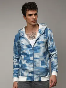 Campus Sutra Blue Printed Hooded Cotton Front-Open Sweatshirt