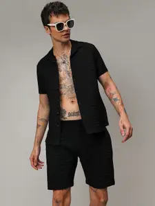 Campus Sutra Black Self Design Lapel Collar Shirt With Shorts