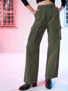 SASSAFRAS Women Olive Green Straight Fit High-Rise Clean Look Pure Cotton Cargo Jeans