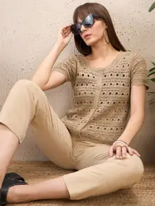 SASSAFRAS Self Design Round Neck Crochet Shirt Style Top