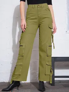 SASSAFRAS Women Olive Green Straight Fit High-Rise Clean Look Pure Cotton Cargo Jeans
