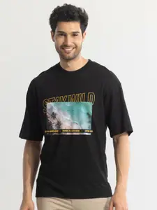 Snitch Black Graphic Printed Drop-Shoulder Sleeves Pure Cotton T-shirt