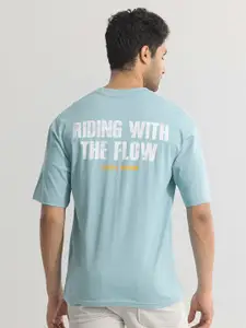 Snitch Blue Typography Printed Drop-Shoulder Sleeves Pure Cotton T-shirt