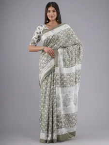 KIAARON Floral Pure Cotton Block Print Saree